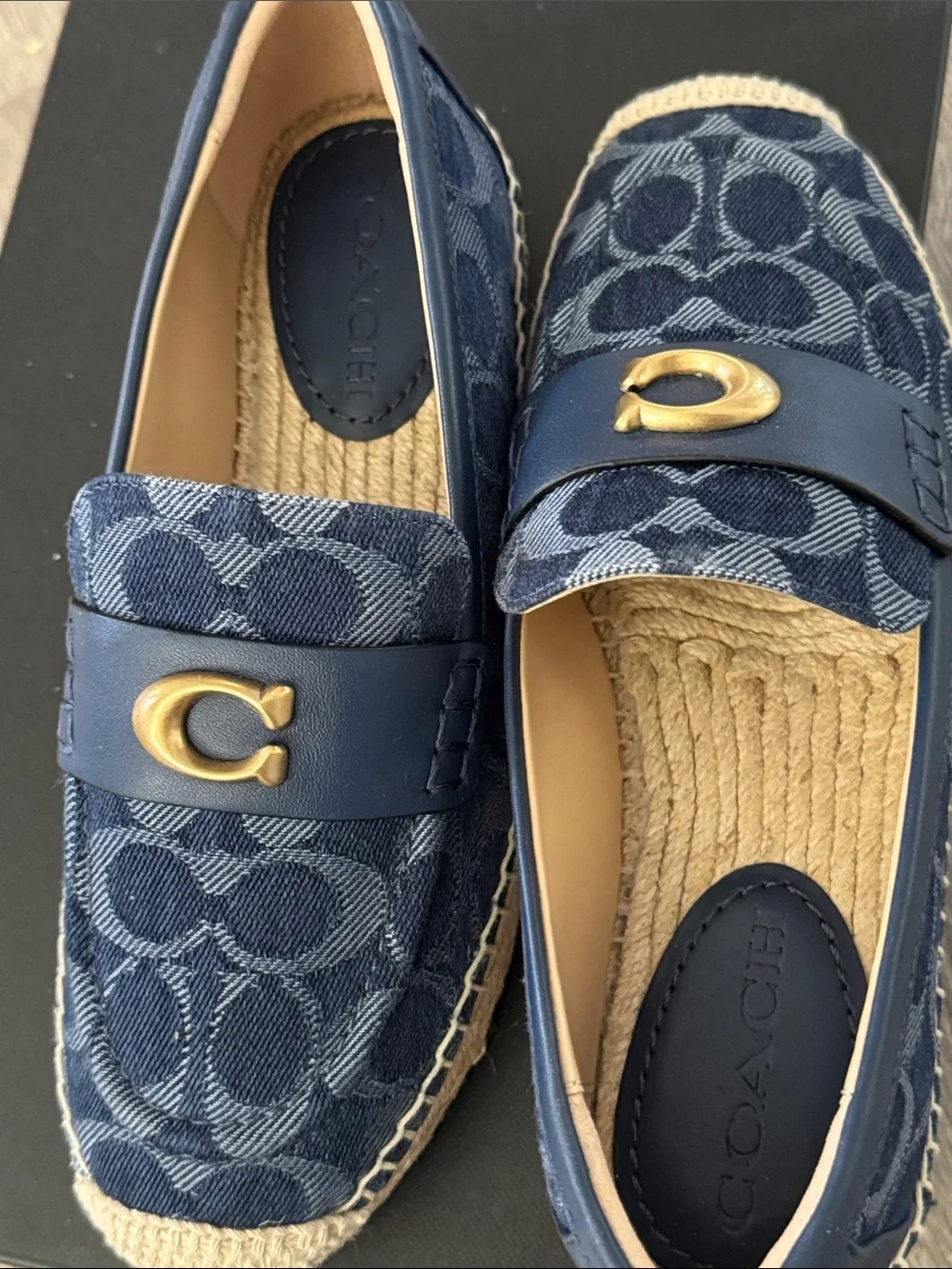 Coach Navy Signature Canvas Espadrille Loafers with Gold Hardware